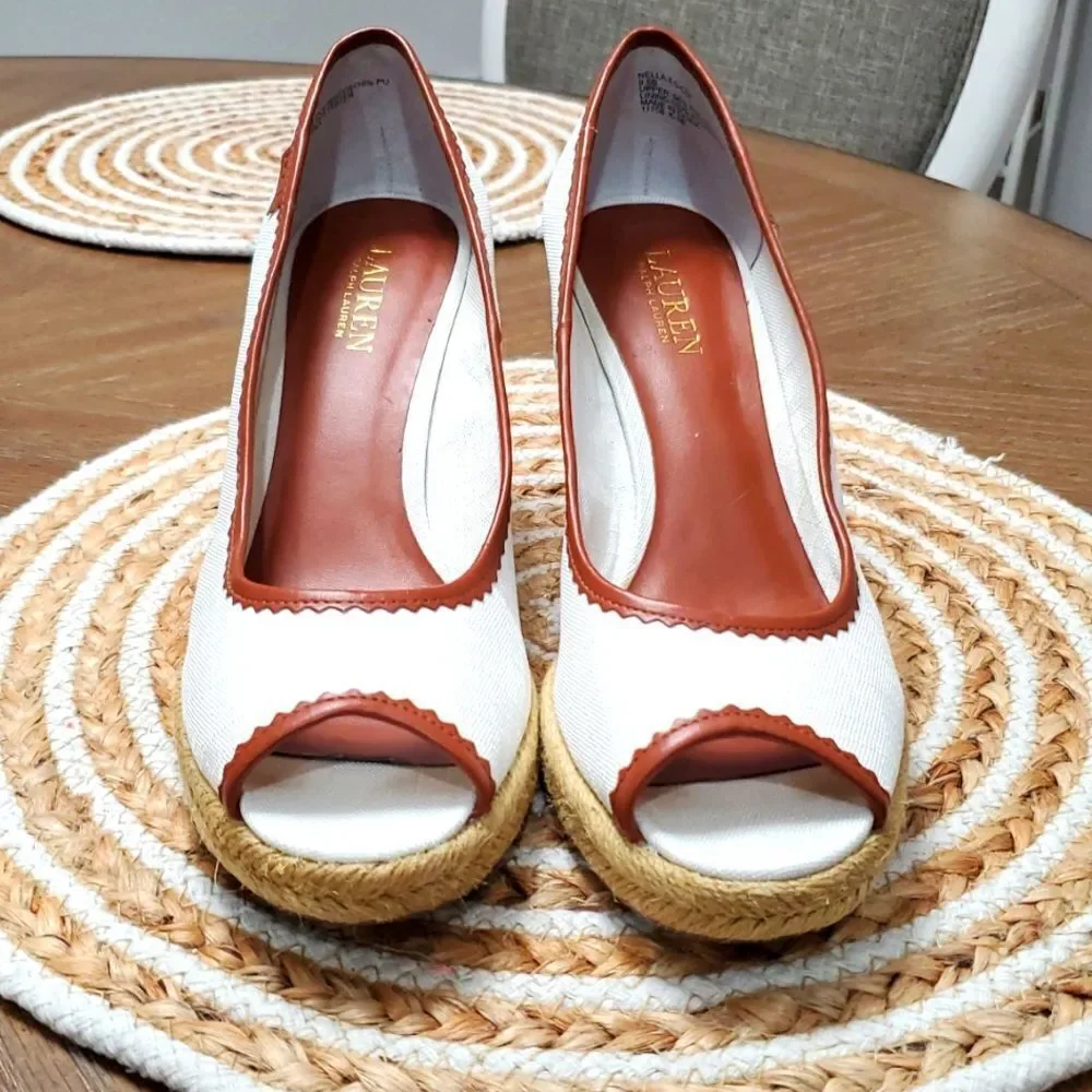 Lauren by Ralph Lauren Nella Espadrille Wedge Sandals White/Tan 9.5B